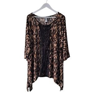 Catherines Brown & Black Animal Print Lace Trim Short Sleeve Top - Size 2X 22/24